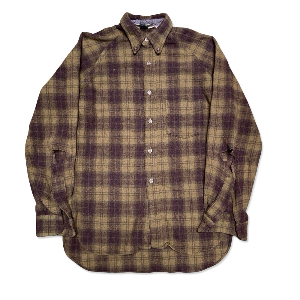Vintage 1950s Wool Flannel Shirt Brown Plaid Button Up Distressed California